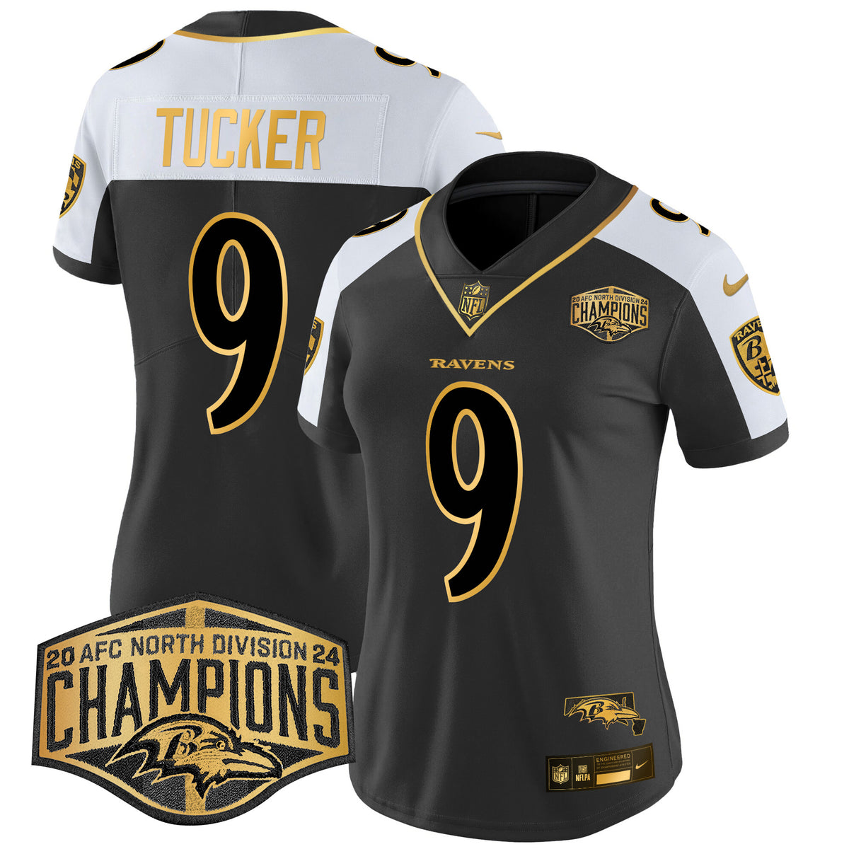 Women's Ravens Maryland 2024 AFC North Division Champions Patch Gold Vapor Limited Jersey - All Stitched - Alternate - Justin Tucker — view 1