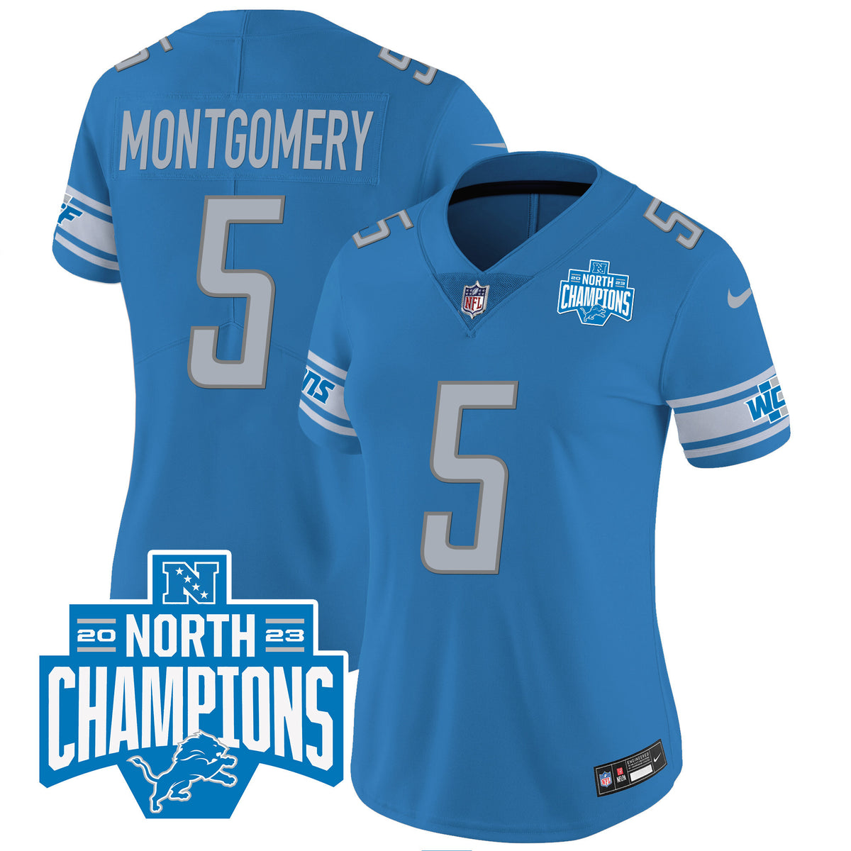 Women's Detroit Lions 2023 NFC North Division Champions Patch Vapor Jersey - All Stitched - Blue - David Montgomery — view 1