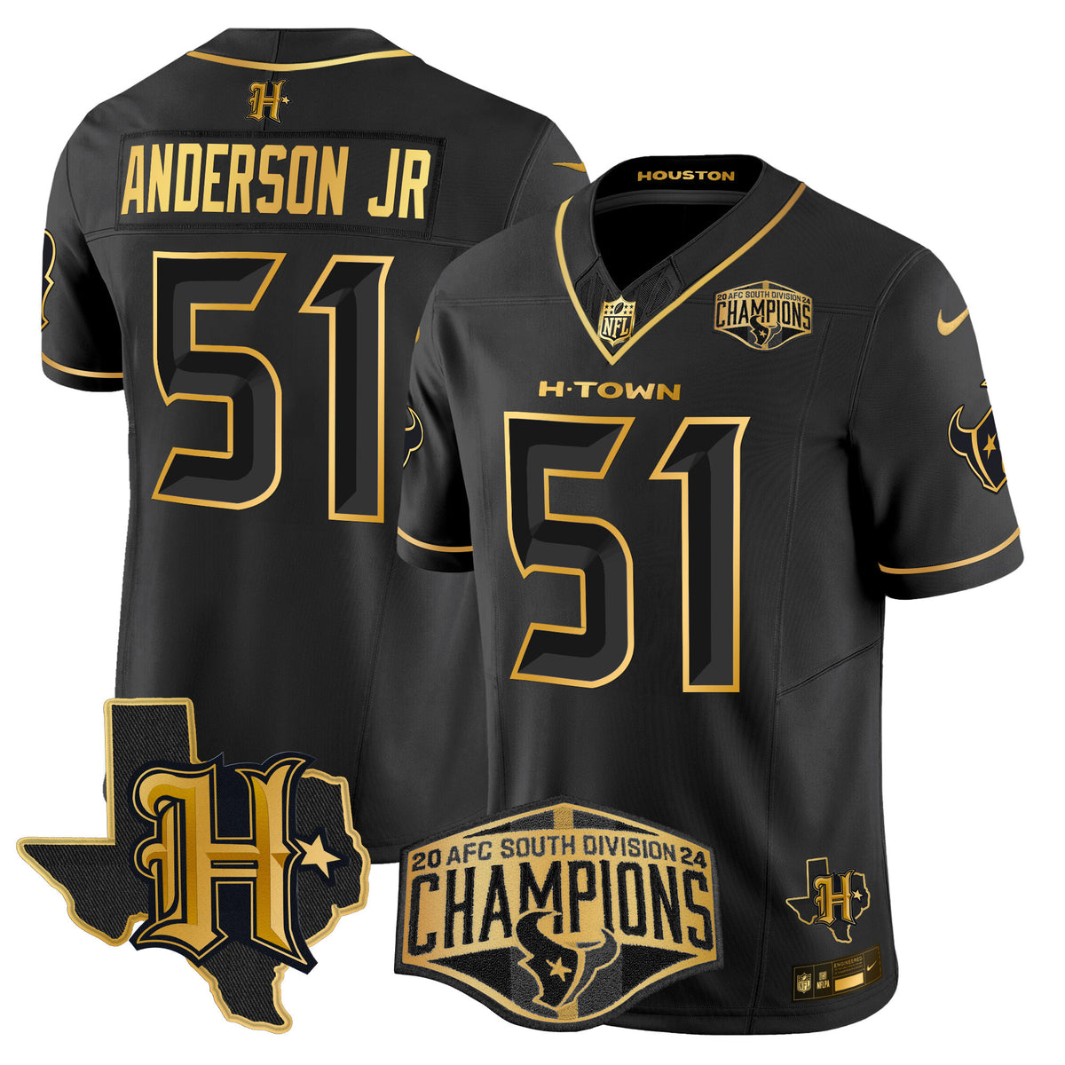 Men's Houston Texans 2024 AFC South Division Champions Patch Gold Vapor Limited Jersey - All Stitched - Black Gold - Will Anderson Jr — view 1