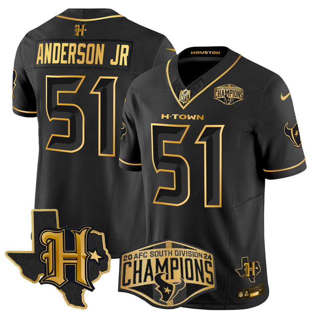 Men's Houston Texans 2024 AFC South Division Champions Patch Gold Vapor Limited Jersey - All Stitched - Black Gold - Will Anderson Jr — view 1
