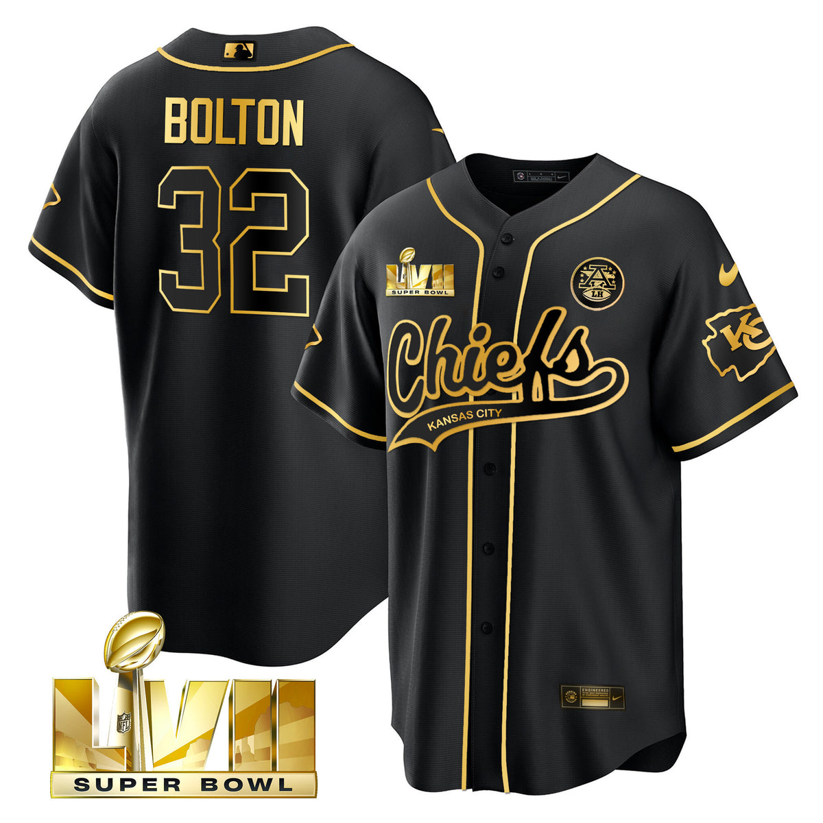 Men's Chiefs Super Bowl LVII Cool base Jersey - All Stitched - Black Gold - Nick Bolton — view 1