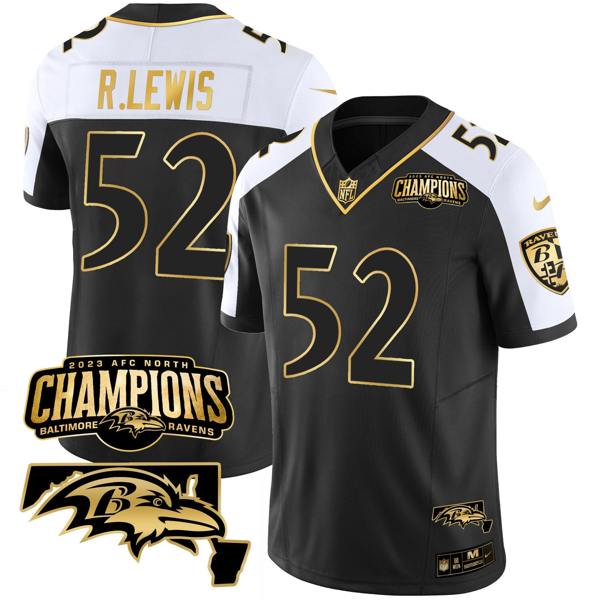 Men's Ravens 2023 AFC North Champions & Maryland Patch Gold Vapor Jersey - All Stitched - Alternate - Ray Lewis — view 1