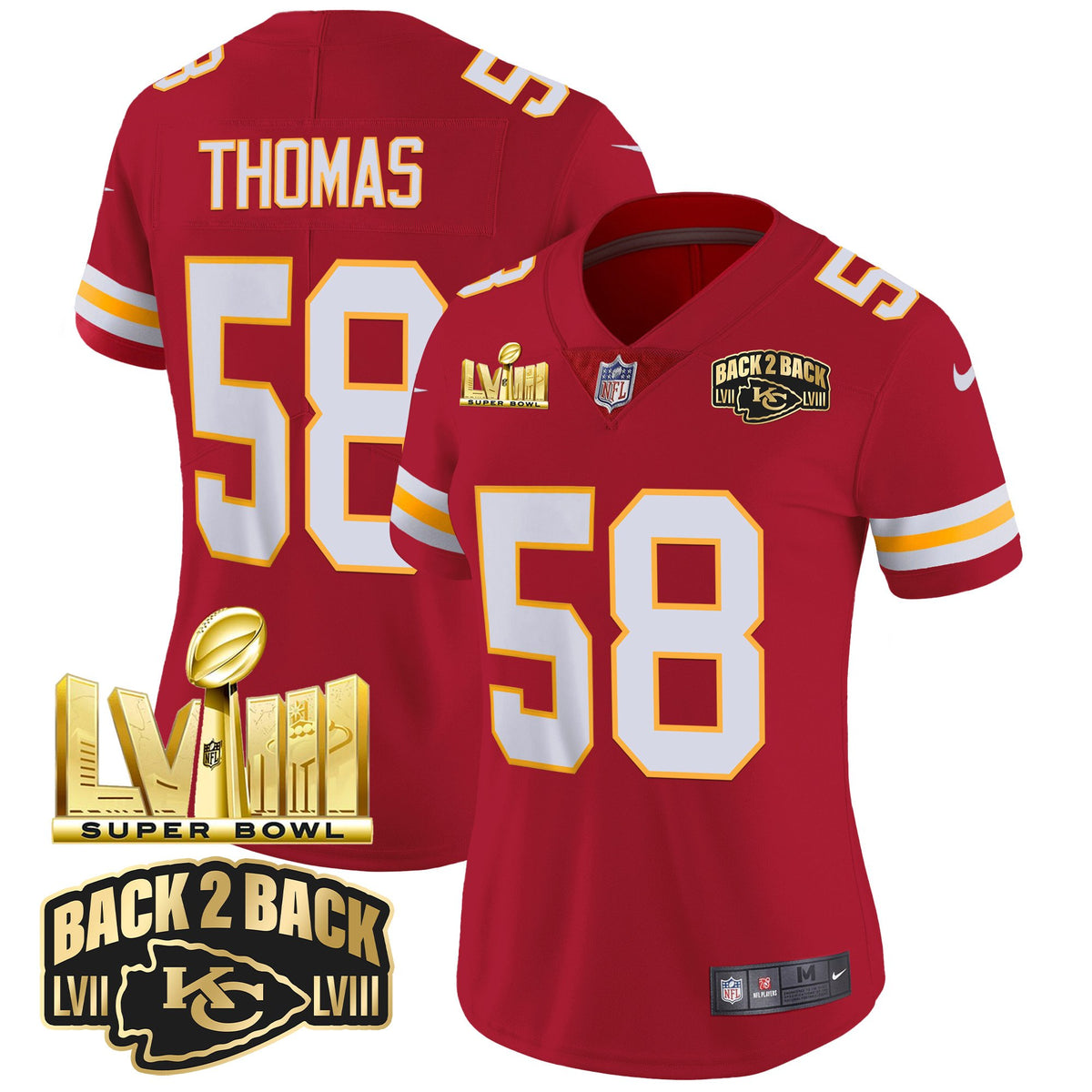 Women's Chiefs Super Bowl LVIII & Back 2 Back Gold Patch Vapor Jersey - All Stitched - Red - Derrick Thomas — view 1