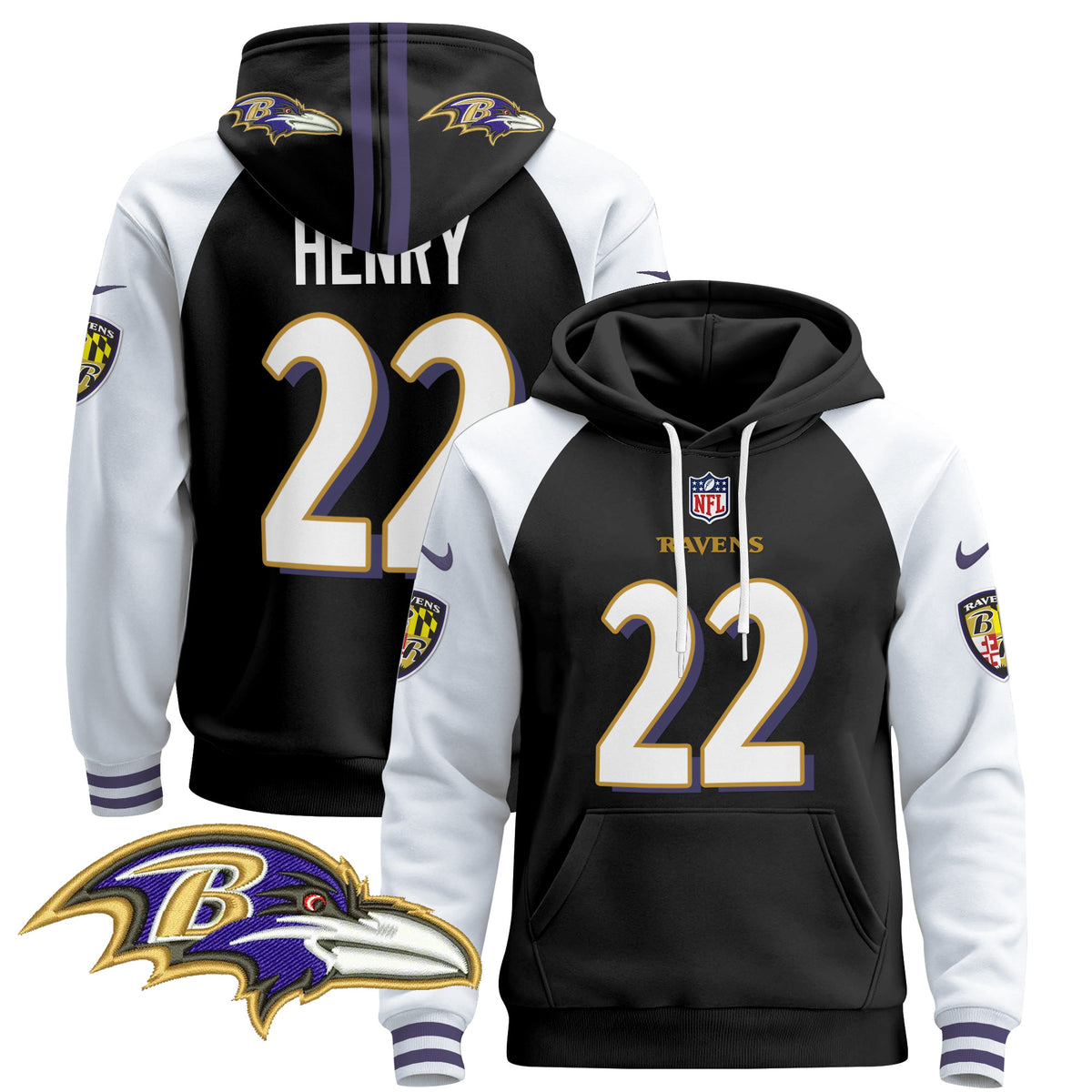 Men's Baltimore Ravens 2024 Pullover Hoodie V4 - All Stitched - Black Alternate - Derrick Henry — view 1