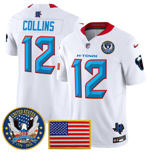 Men's Houston Texans United States 250th Anniversary Patch Vapor Limited Jersey - All Stitched - White - Nico Collins — view 1