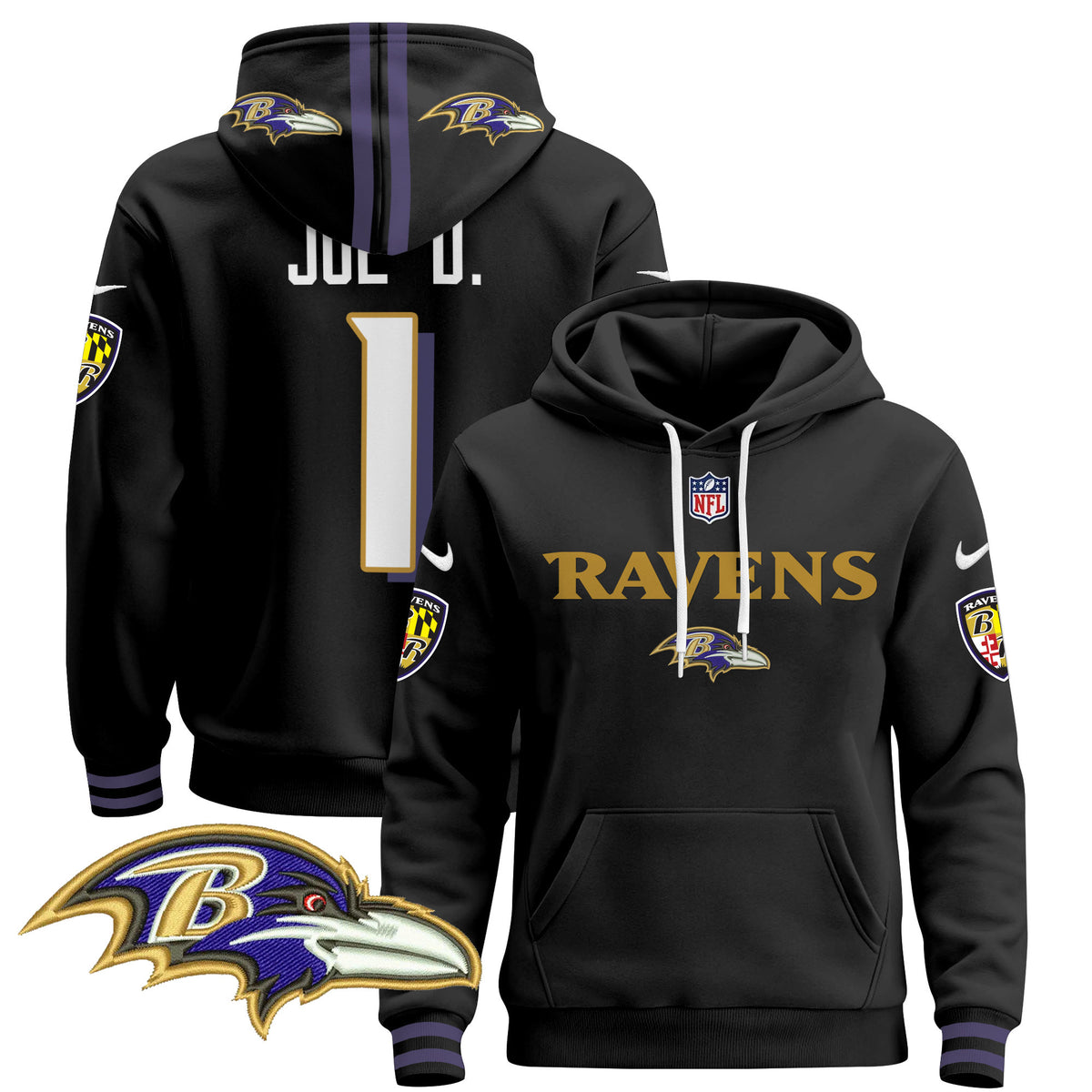 Men's Baltimore Ravens 2024 Pullover Hoodie V3 - All Stitched - Black - Joe D — view 1