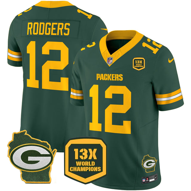 Men's Packers 13 Time World Champions & Home Patch Vapor Jersey – All Stitched - Green - Aaron Rodgers — view 1