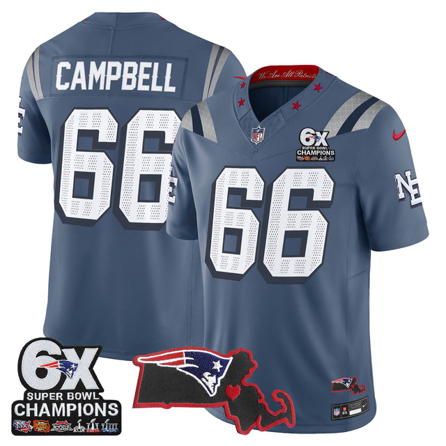 Men's New England Patriots 6-Time Champions & Massachusetts Patch Vapor Limited Jersey - All Stitched - Storm Blue - Will Campbell — view 1
