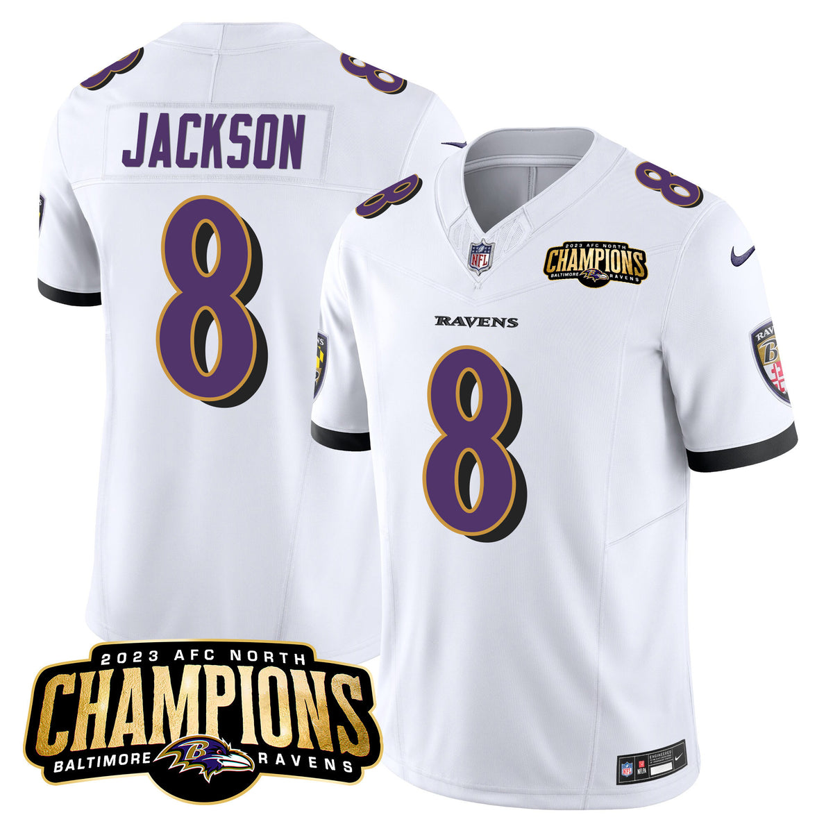 Men's Ravens 2023 AFC North Champions Patch Vapor Limited Jersey - All Stitched - White - Lamar Jackson — view 1