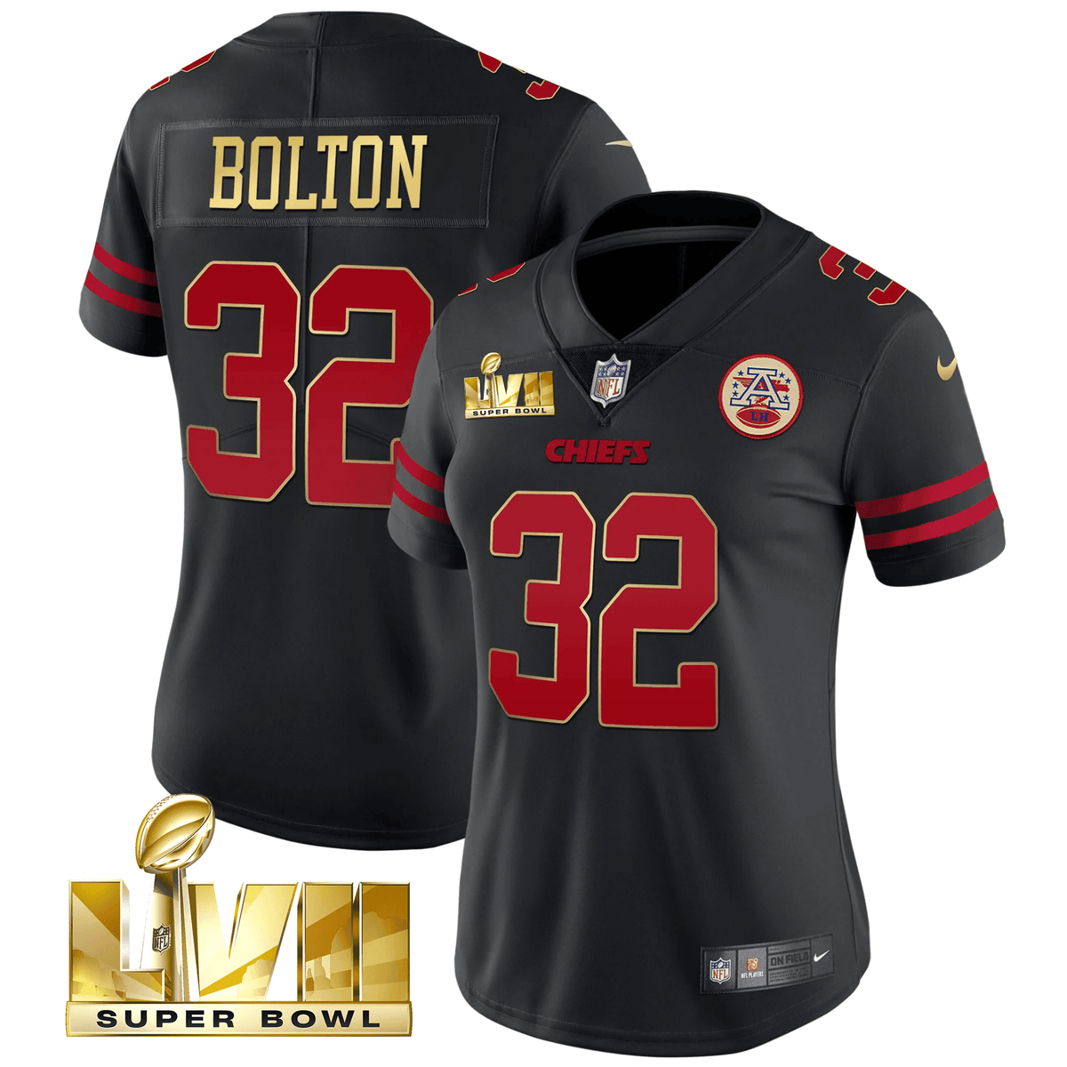 Women's Chiefs Super Bowl LVII Red Gold Vapor Jersey - All Stitched - Black Gold Trim - Nick Bolton — view 1