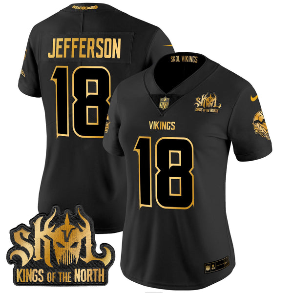 Women's Minnesota Vikings 2024 Winter Warrior Skol Patch Gold Vapor Limited Jersey - All Stitched - Black Gold - Justin Jefferson — view 1