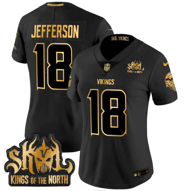 Women's Minnesota Vikings 2024 Winter Warrior Skol Patch Gold Vapor Limited Jersey - All Stitched - Black Gold - Justin Jefferson — view 1