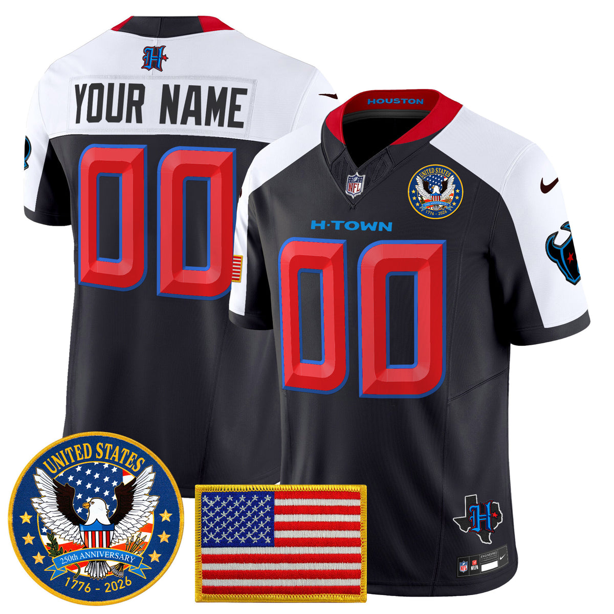Houston Texans United States 250th Anniversary Patch Vapor Limited Custom Jersey - All Stitched - Navy Alternate — view 1