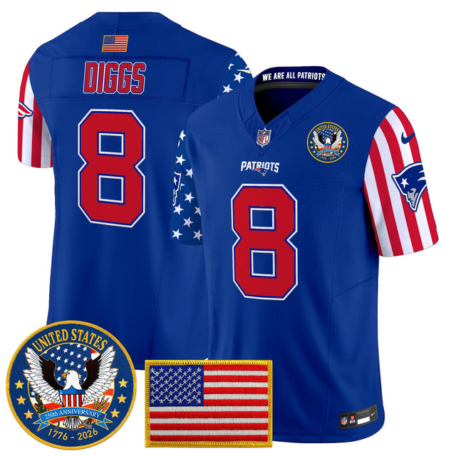 Men's New England Patriots America250 Edition Vapor Limited Jersey - All Stitched - Royal - Stefon Diggs — view 1