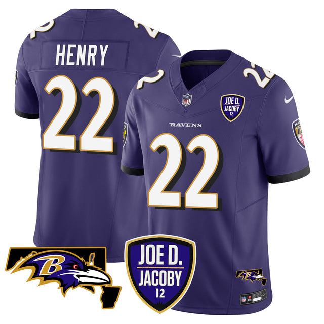 Men's Ravens Joe D & Jacoby Patch Vapor Limited Jersey - All Stitched - Purple - Derrick Henry — view 1