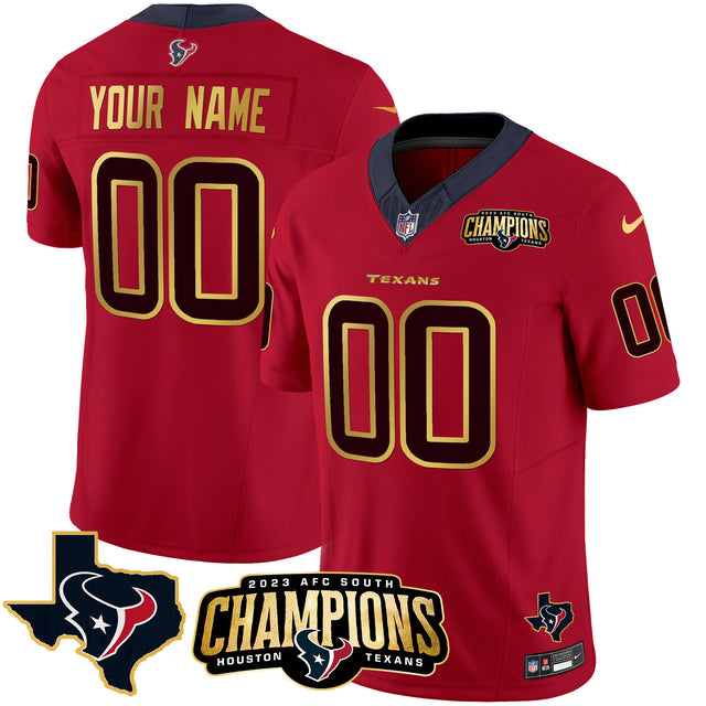 Houston Texans 2023 AFC South Champions Patch Gold Trim Vapor Custom Jersey - All Stitched - Red — view 1