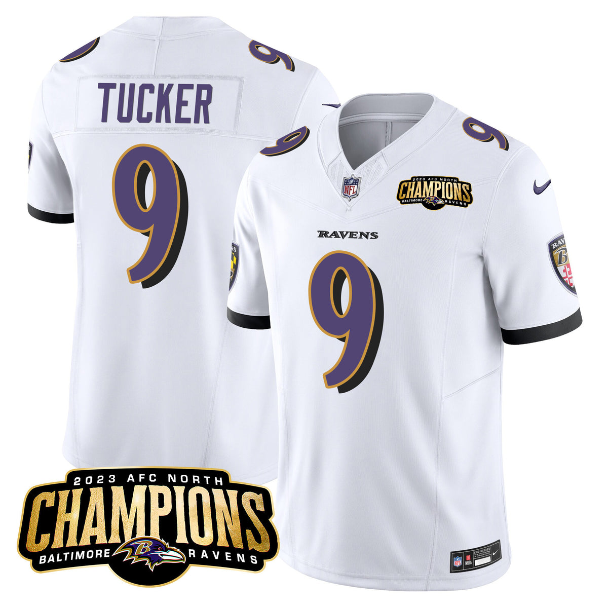 Men's Ravens 2023 AFC North Champions Patch Vapor Limited Jersey - All Stitched - White - Justin Tucker — view 1