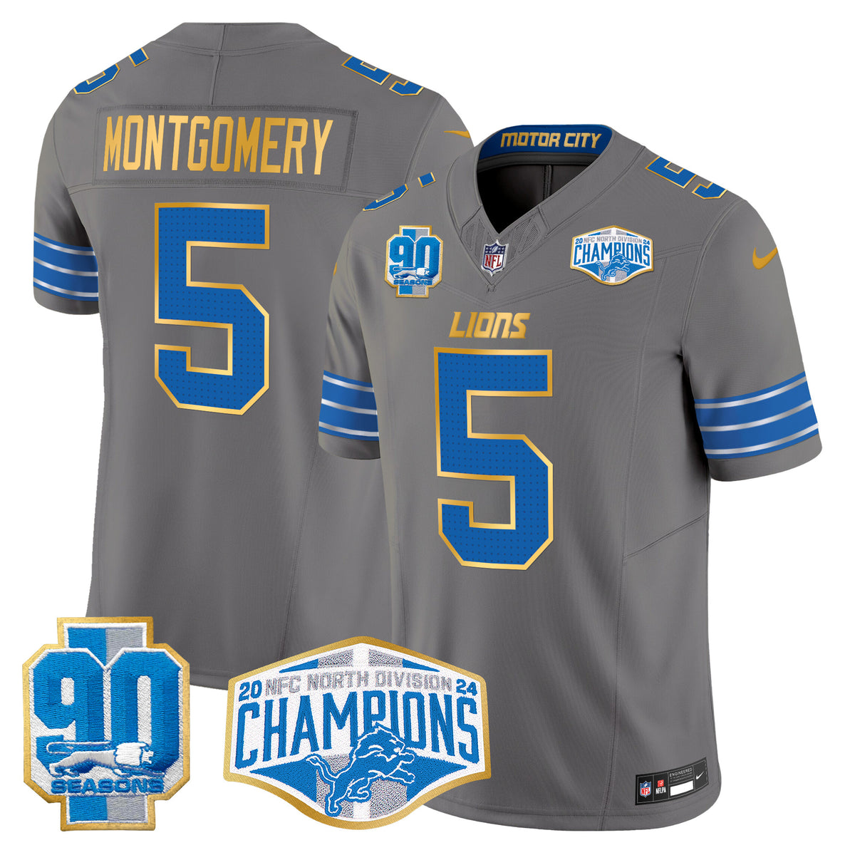 Men's Detroit Lions 2024 NFC North Division Champions Patch Gold Trim Vapor Limited Jersey - All Stitched - Gray - David Montgomery — view 1