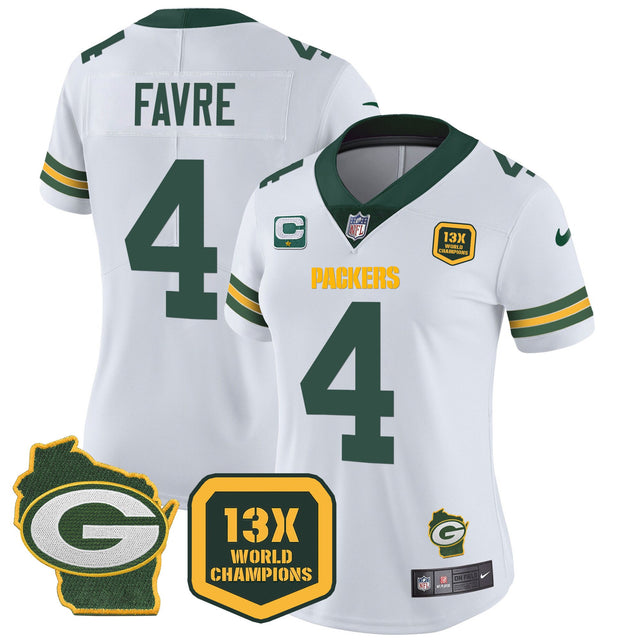 Women's Packers 13 Time World Champions & Home Patch Vapor Jersey – All Stitched - White - Brett Favre — view 1