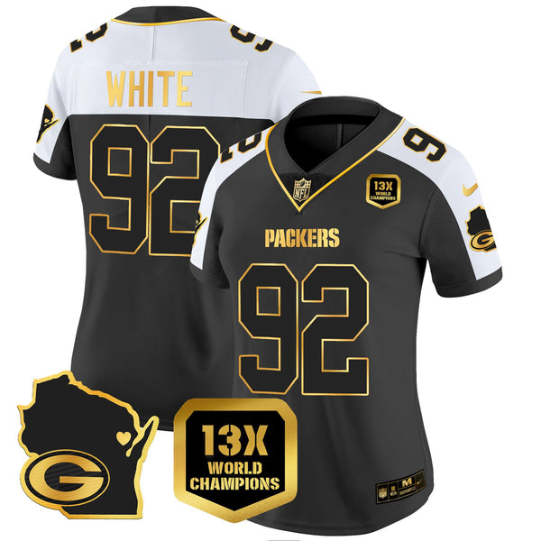 Women's Packers 13 Time World Champions & Home Patch Gold Vapor Jersey V2 – All Stitched - Alternate - Reggie White — view 1