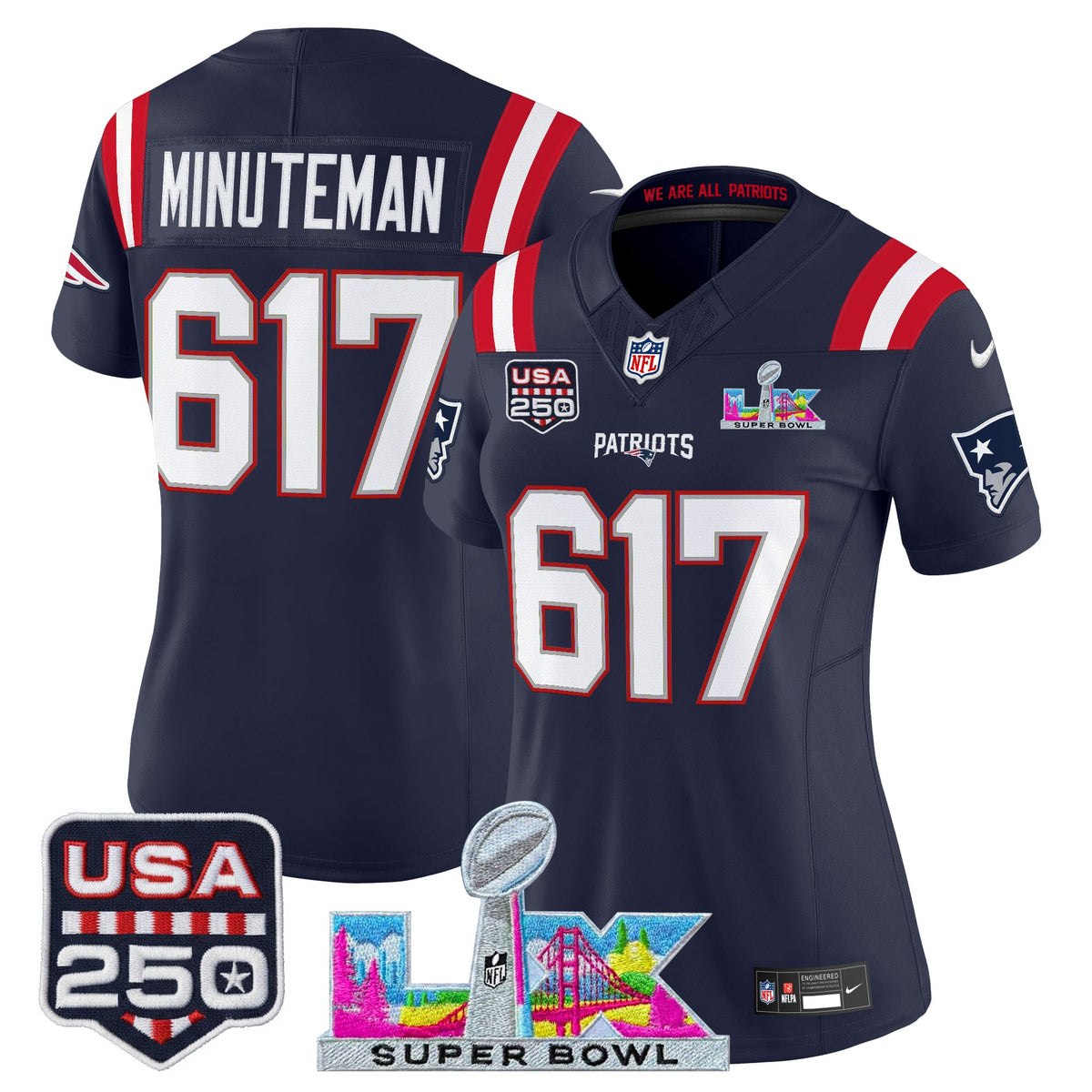 Women's New England Patriots Super Bowl LX & United States 250th Anniversary Patch Vapor Limited Jersey - All Stitched - Navy - Minuteman 617 — view 1