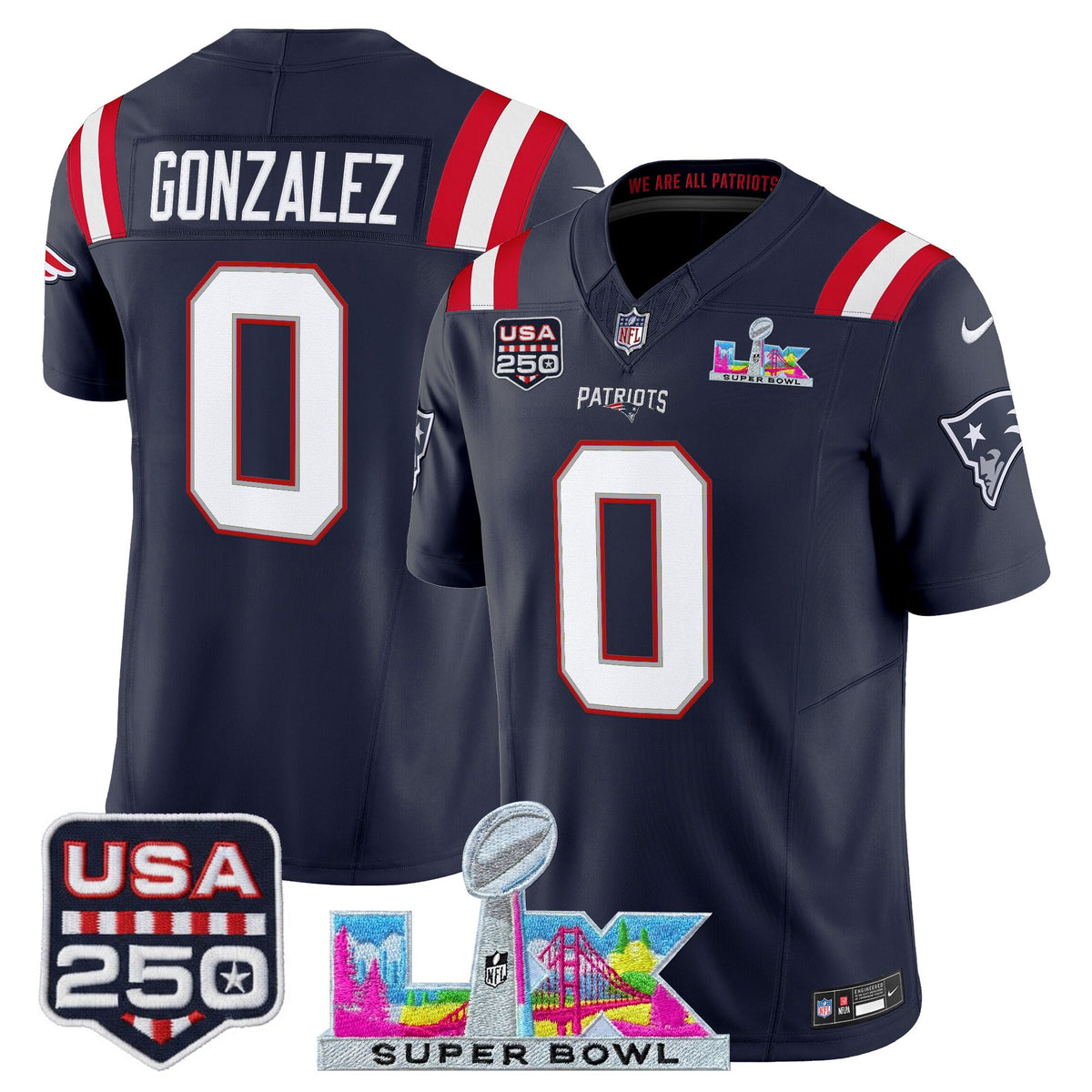 Men's New England Patriots Super Bowl LX & United States 250th Anniversary Patch Vapor Limited Jersey - All Stitched - Navy - Christian Gonzalez — view 1