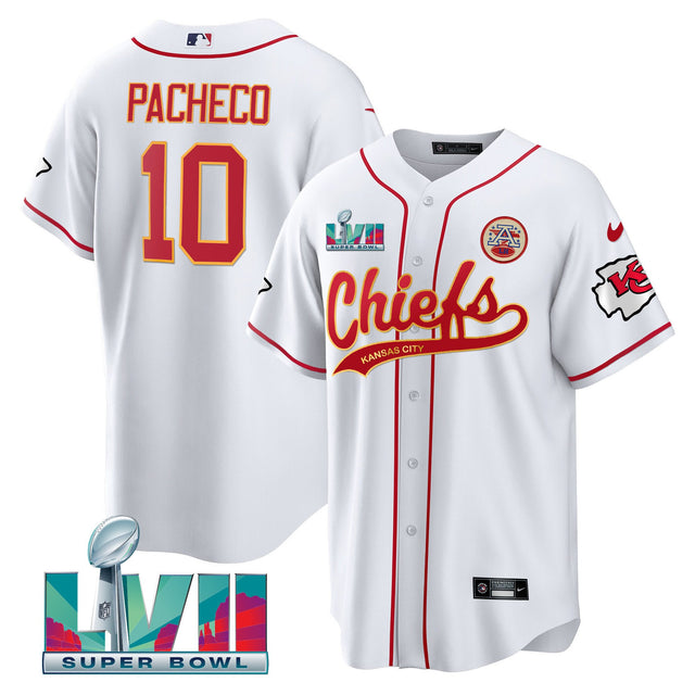 Youth's Chiefs Super Bowl LVII Cool base Jersey - All Stitched - White - Isiah Pacheco — view 1