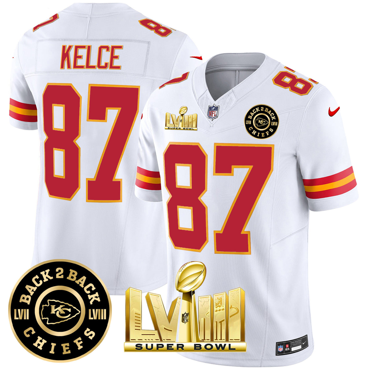 Men's Chiefs Super Bowl LVIII & Back 2 Back Patch Vapor Jersey V3 - All Stitched - White - Travis Kelce — view 1