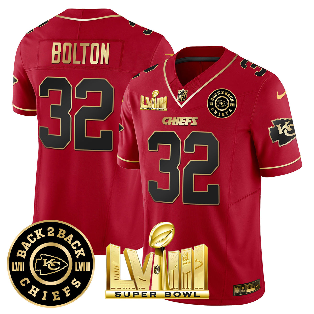 Men's Chiefs Super Bowl LVIII & Back 2 Back Patch Vapor Jersey V3 - All Stitched - Red Special - Nick Bolton — view 1