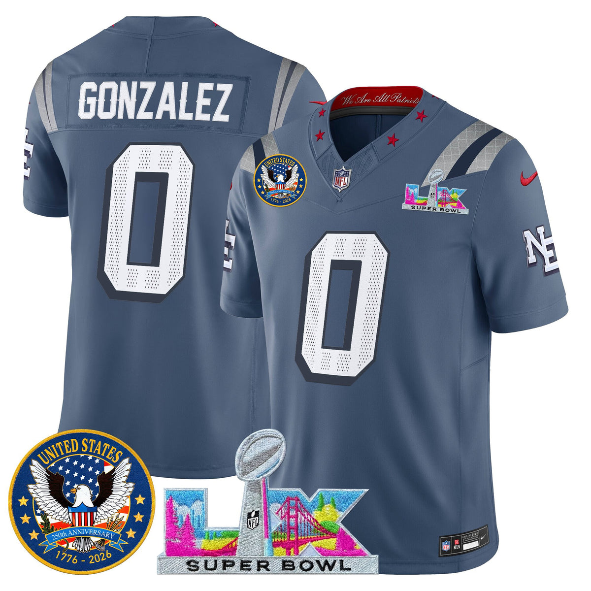 Men's New England Patriots Super Bowl LX & United States 250th Patch Vapor Limited Jersey - All Stitched - Storm Blue - Christian Gonzalez — view 1