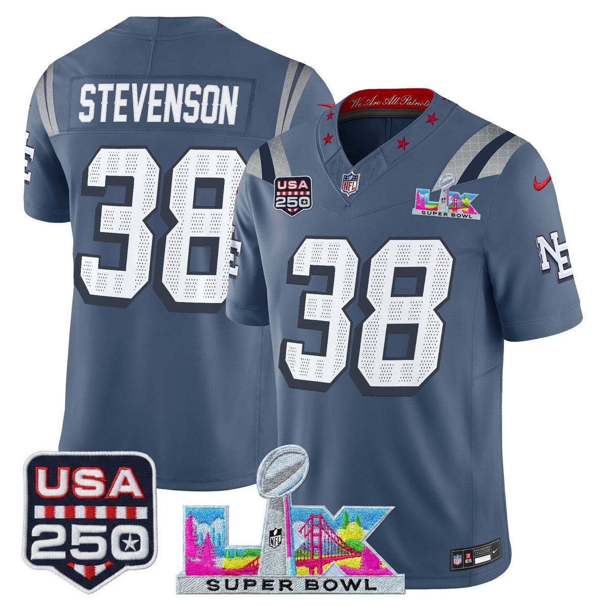 Men's New England Patriots Super Bowl LX & United States 250th Anniversary Patch Vapor Limited Je ~25cf8277 - Storm Blue - Rhamondre Stevenson — view 1