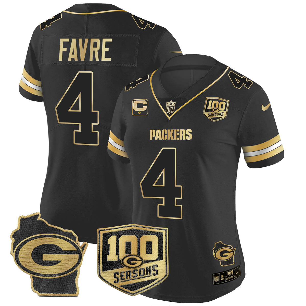 Women's Packers 100th Season & Home Patch Gold Vapor Limited Jersey – All Stitched - Black Gold - Brett Favre — view 1