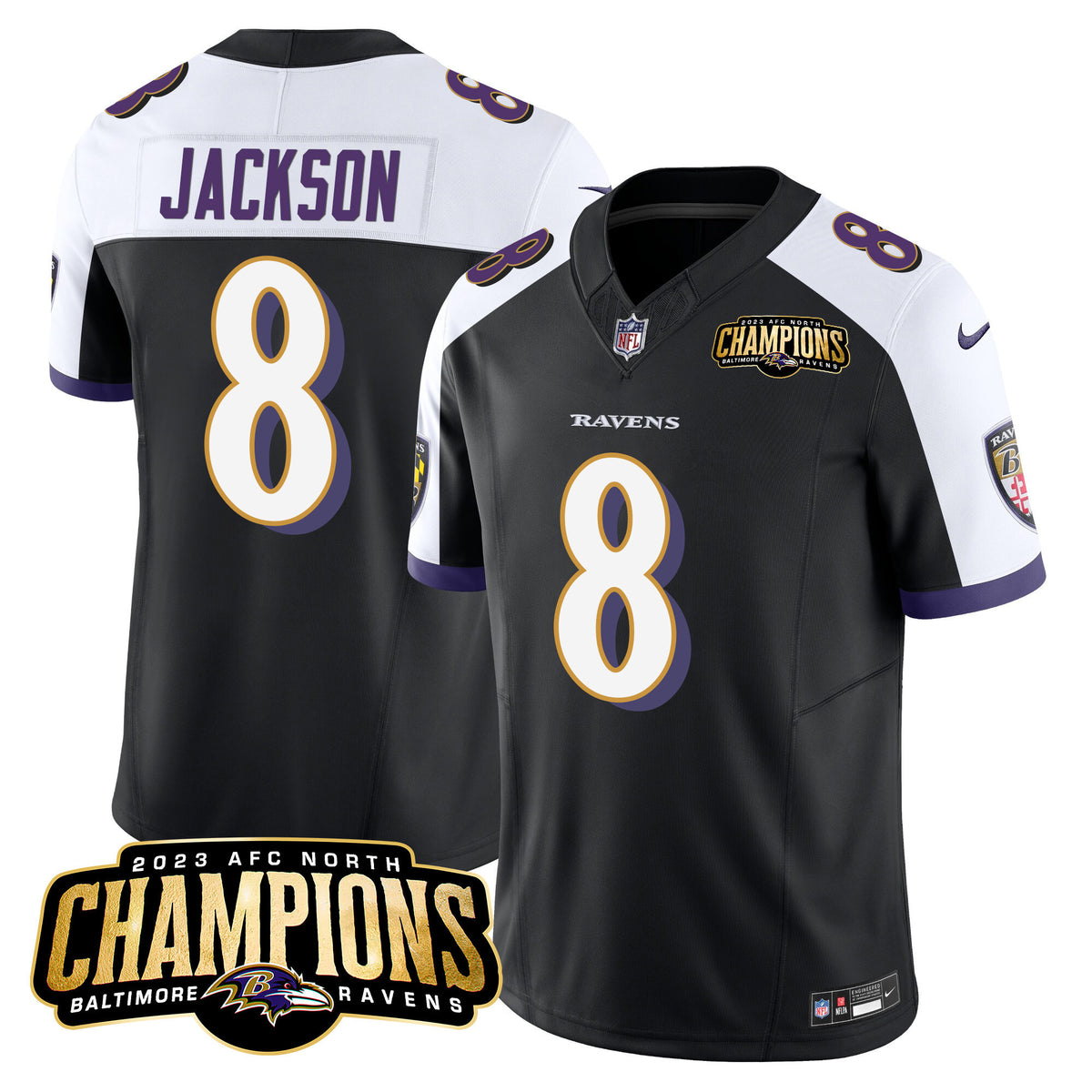 Men's Ravens 2023 AFC North Champions Patch Vapor Limited Jersey - All Stitched - Black Alternate - Lamar Jackson — view 1