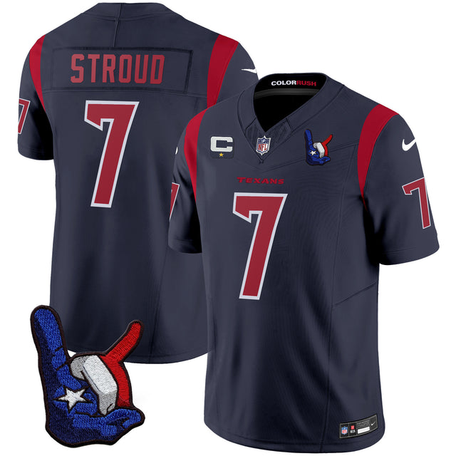 CJ Stroud Houston Texans Color Rush Hand Sign Throwing Up The H Jersey - All Stitched - Navy — view 1