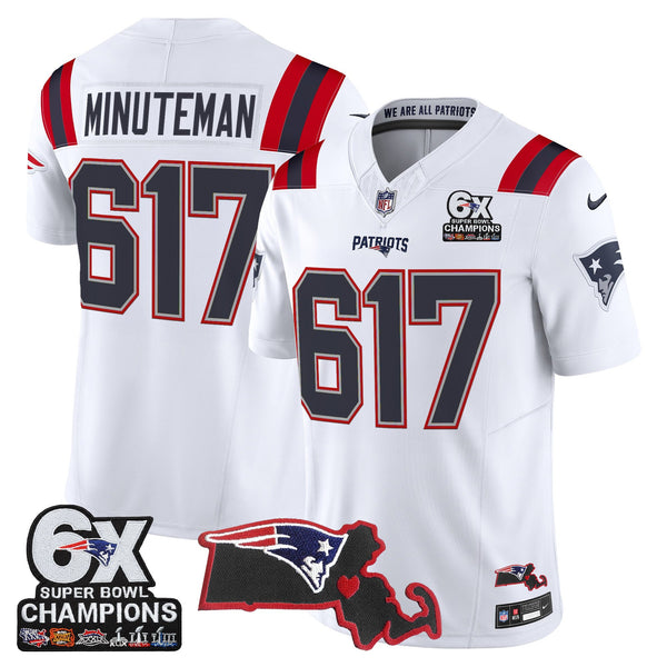 Men's New England Patriots 6-Time Champions & Massachusetts Patch Vapor Limited Jersey - All Stitched - White - Minuteman 617 — view 1