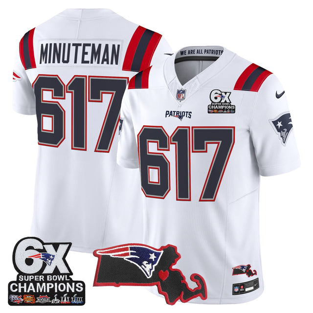 Men's New England Patriots 6-Time Champions & Massachusetts Patch Vapor Limited Jersey - All Stitched - White - Minuteman 617 — view 1