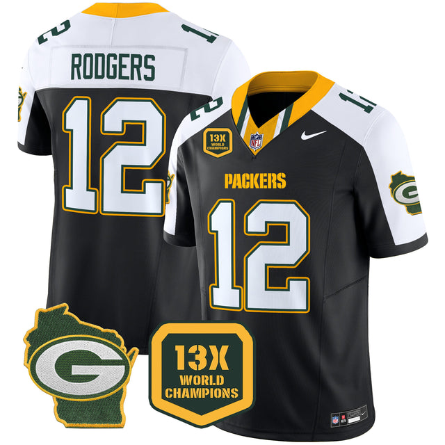 Men's Packers 13 Time World Champions & Home Patch Vapor Limited Jersey – All Stitched - Black Alternate - Aaron Rodgers — view 1