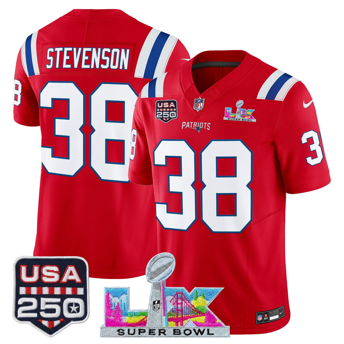 Men's New England Patriots Super Bowl LX & United States 250th Anniversary Patch Vapor Limited Jersey - ~25cf8277 - Red - Rhamondre Stevenson — view 1