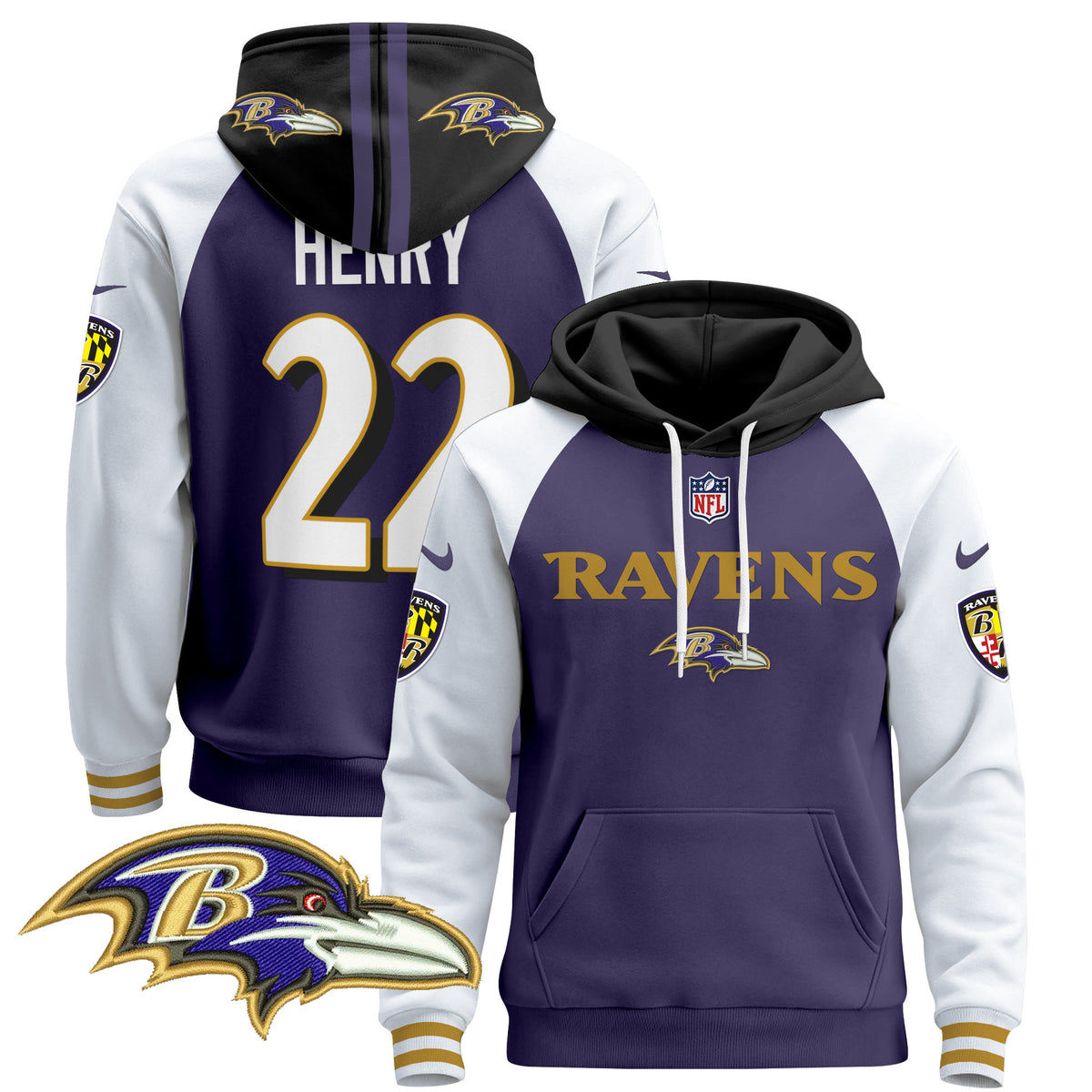 Men's Baltimore Ravens 2024 Pullover Hoodie V3 - All Stitched - Purple Alternate - Derrick Henry — view 1