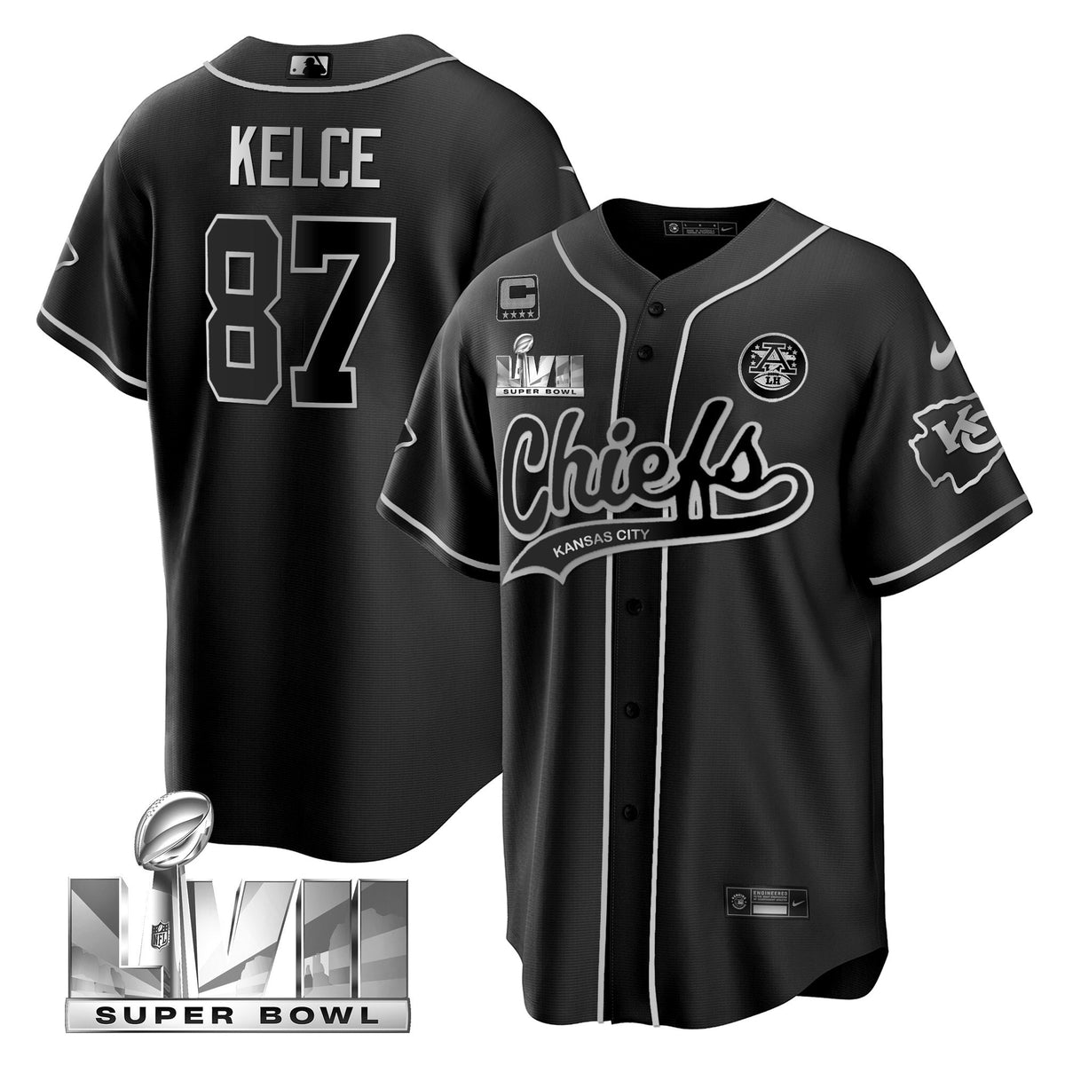 Men's Chiefs Super Bowl LVII Cool base Jersey - All Stitched - Black Silver - Travis Kelce — view 1