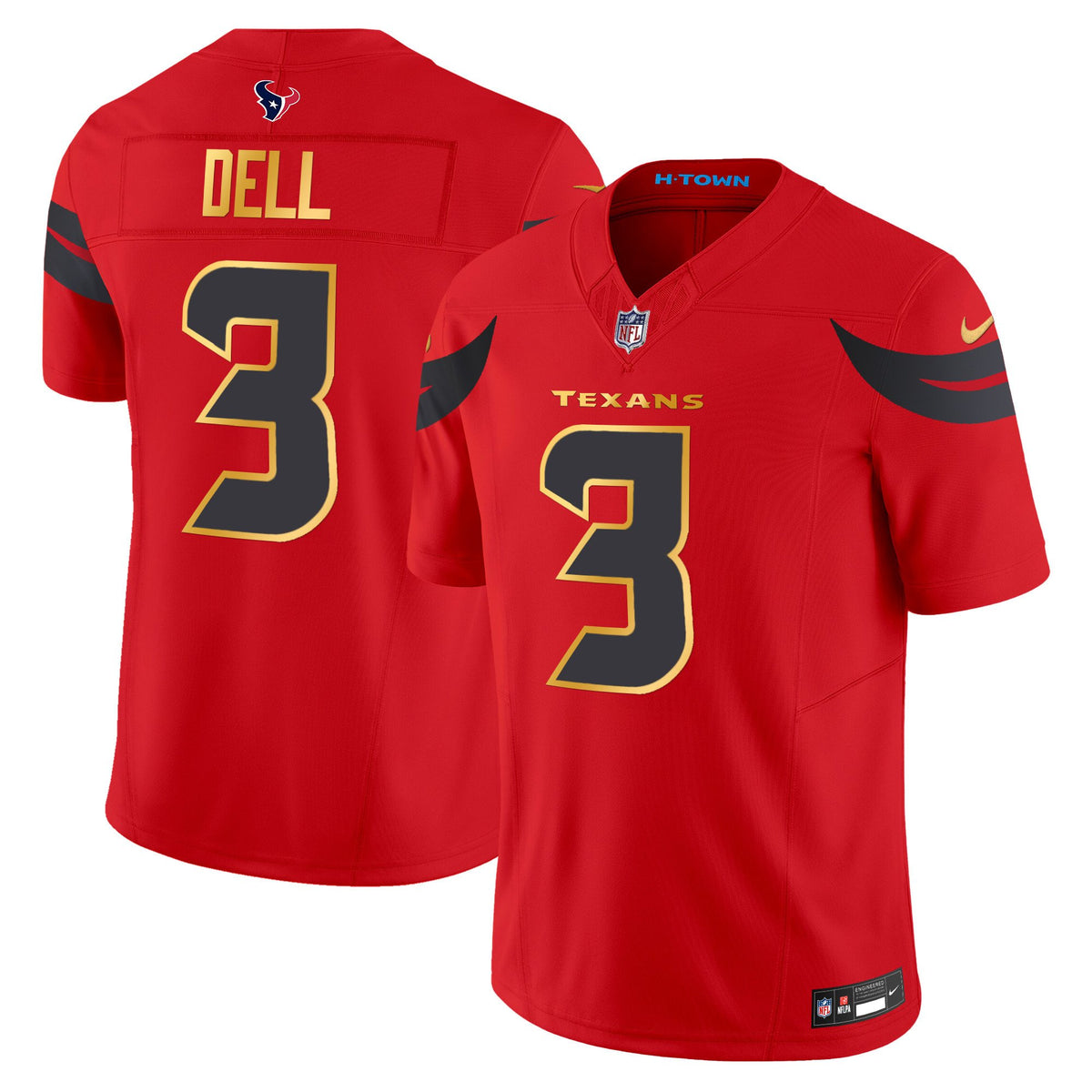 Men's Houston Texans 2024 Gold Trim Vapor Limited Jersey - All Stitched - Red - Tank Dell — view 1
