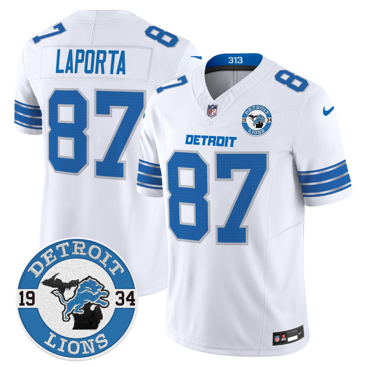 Men's Detroit Lions 2024 Vapor Limited Jersey - Est. 1934 Patch - All Stitched - White - Sam Laporta — view 1