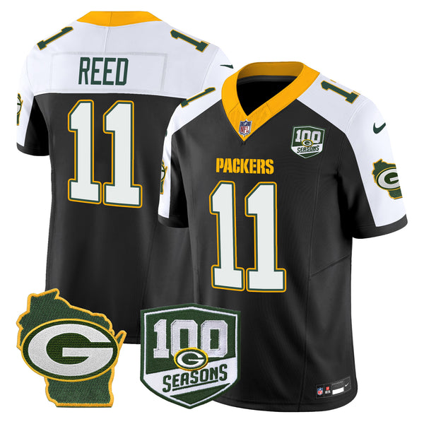 Men's Packers 100th Season & Home Patch Vapor Limited Jersey - All Stitched - Black Alternate - Jayden Reed — view 1