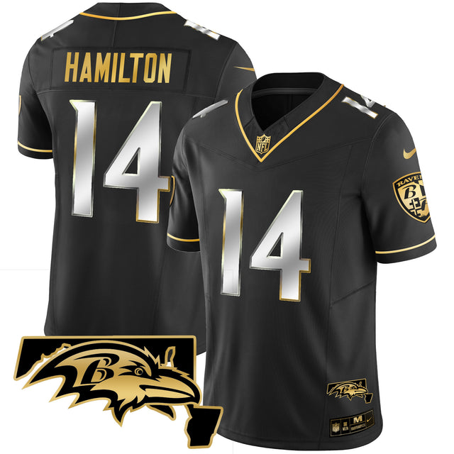 Men's Ravens Maryland Patch Vapor Gold Jersey - All Stitched - Black Limited - Kyle Hamilton — view 1