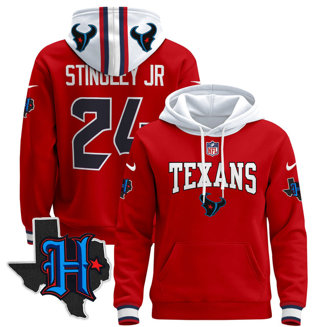 Men's Houston Texans 2024 Pullover Hoodie V3 - All Stitched - Red - Derek Stingley Jr — view 1
