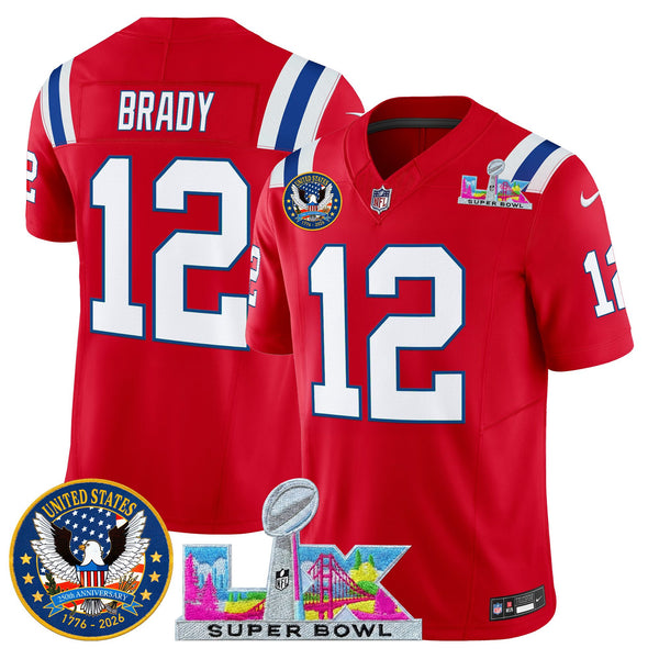 Men's New England Patriots Super Bowl LX & United States 250th Patch Vapor Limited Jersey - All Stitched - Red - Tom Brady — view 1