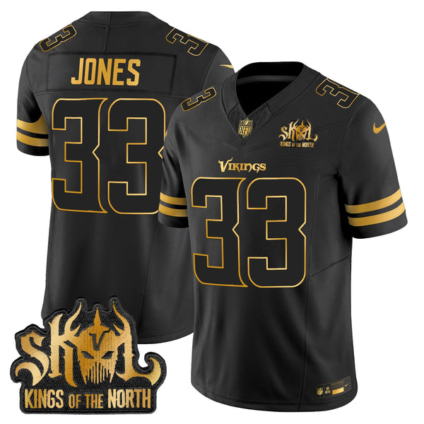 Men's Minnesota Vikings 2025 Gold Vapor Limited Jersey - Kings Of The North Patch - All Stitched - Black Gold - Aaron Jones — view 1