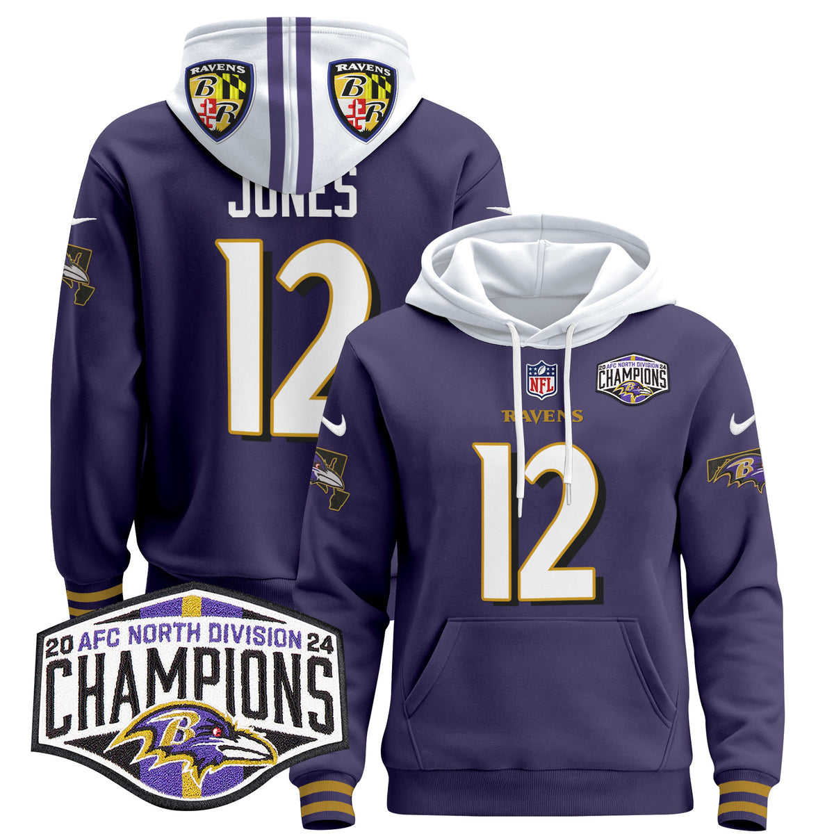 Men's Baltimore Ravens 2024 AFC North Division Champions Patch Pullover Hoodie V2 - All Stitched - Purple - Jacoby Jones — view 1