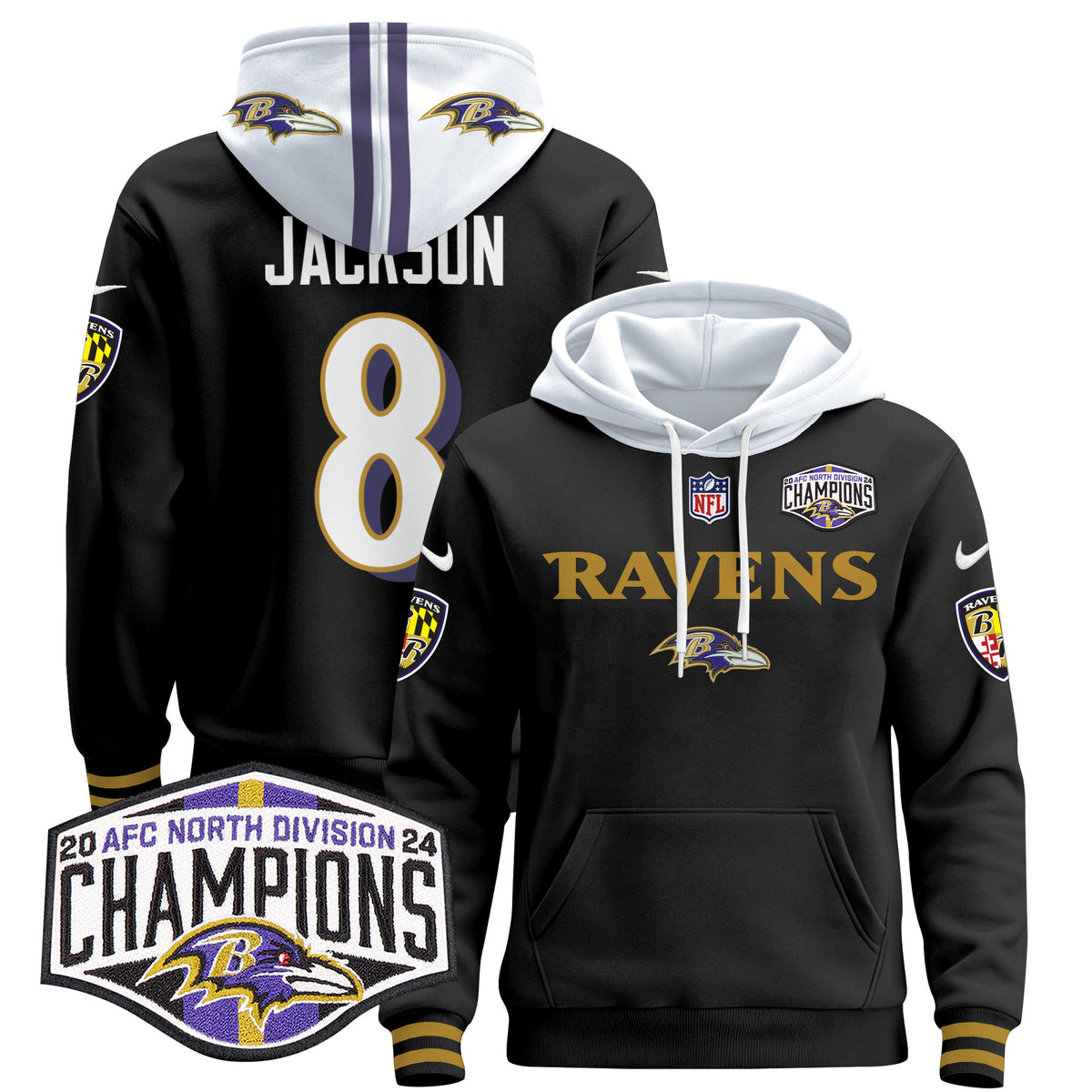 Men's Baltimore Ravens 2024 AFC North Division Champions Patch Pullover Hoodie - All Stitched - Black - Lamar Jackson — view 1