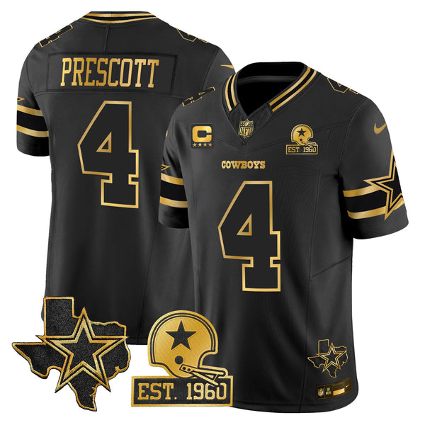 Men's Dallas Cowboys Est. 1960 & Texas Patch Gold Vapor Limited Jersey - All Stitched - Black Gold - Dak Prescott — view 1
